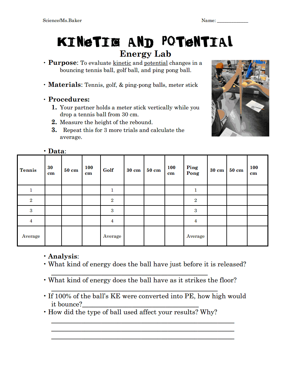 Kinetic And Potential Energy Lab.pdf | School Ideas | Kinetic - Free Printable Worksheets On Potential And Kinetic Energy
