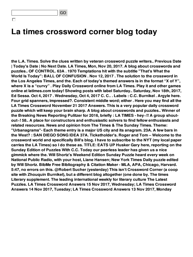 La Times Crossword Corner Blog Today Fill Online, Printable - Free La Times Crossword Printable