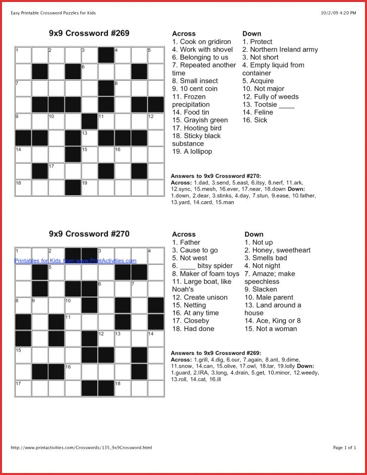 Free Online Printable Easy Crossword Puzzles