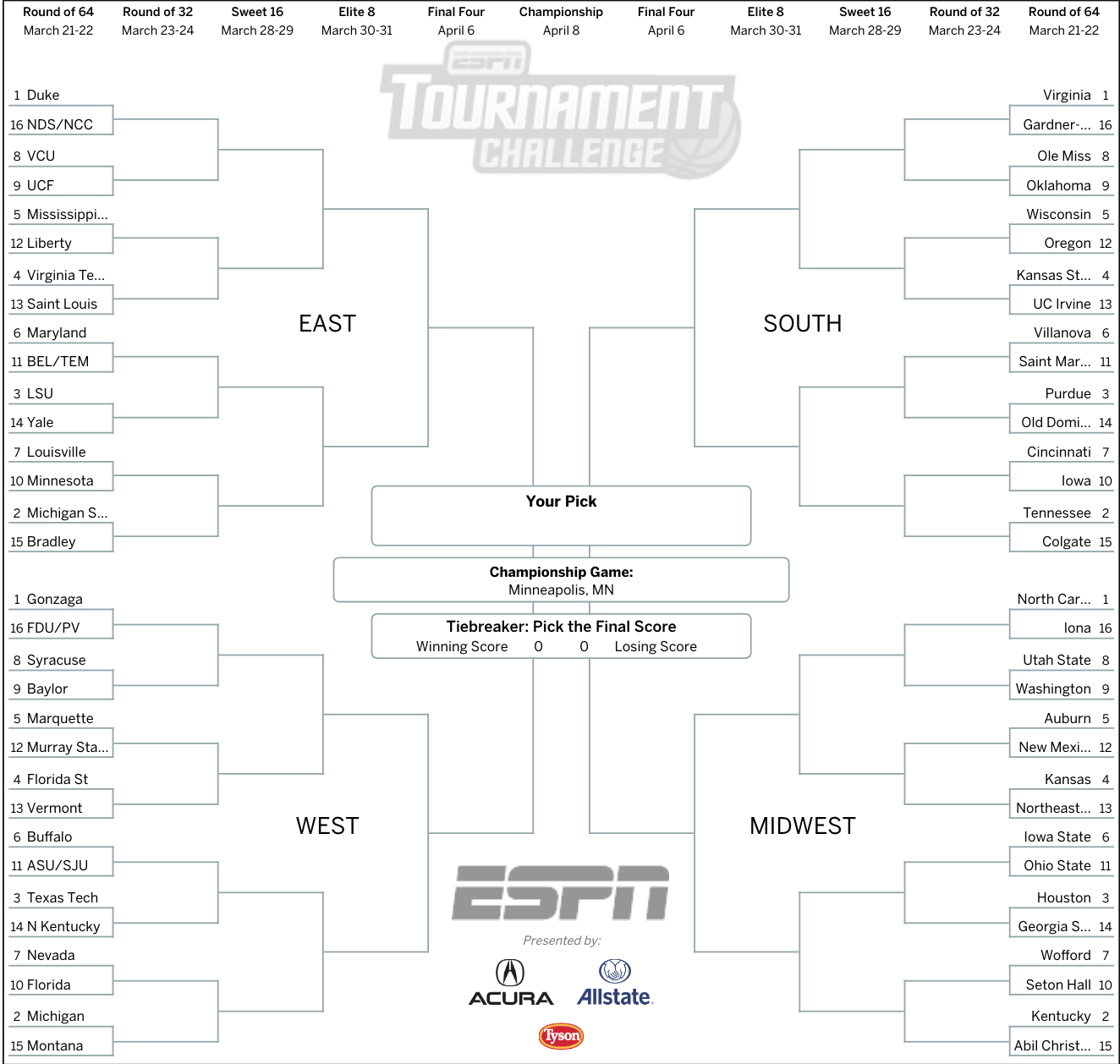 March Madness 2019 Get Your Printable Ncaa Bracket From Espn Free Printable Brackets 