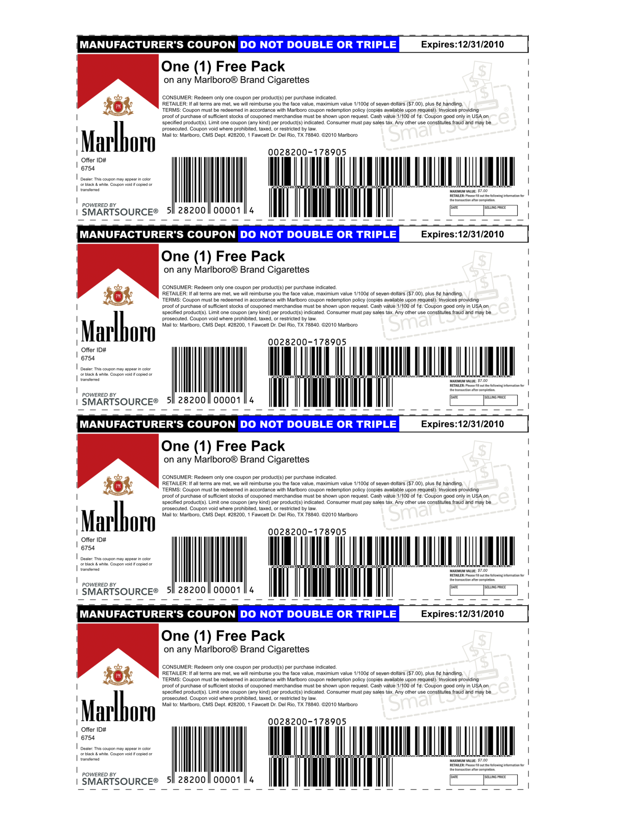 6) 1.00 Off Any Style Marlboro Cigarettes Expires 8/31/2016 Free