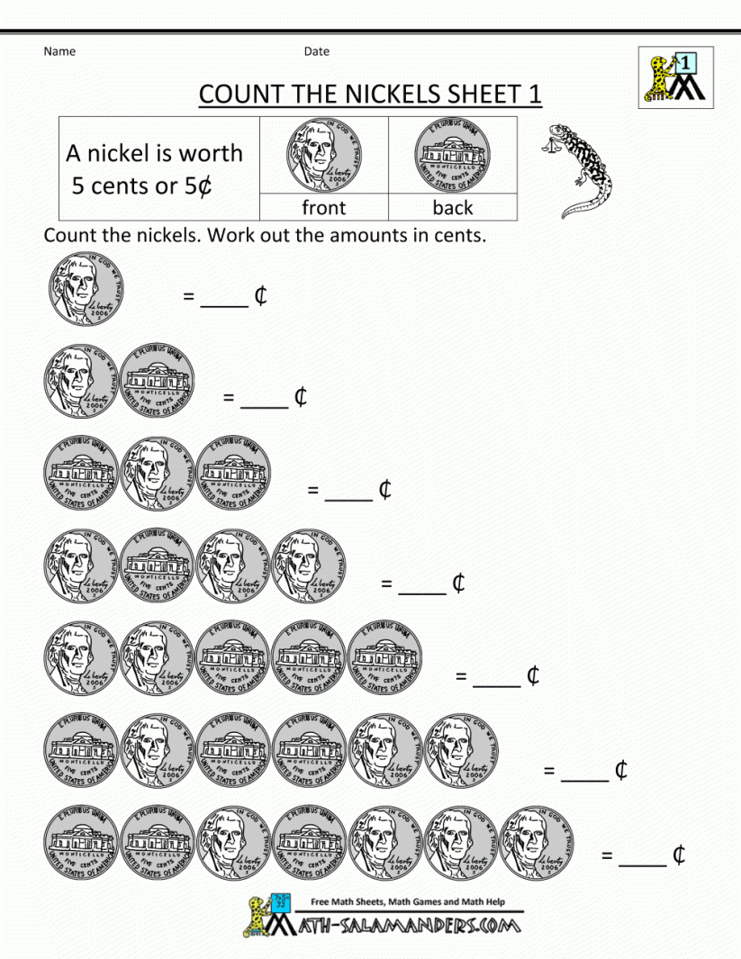 Math : Free Math Money Worksheets 1St Gradee Free Count The Nickels - Free Printable Money Worksheets For 1St Grade