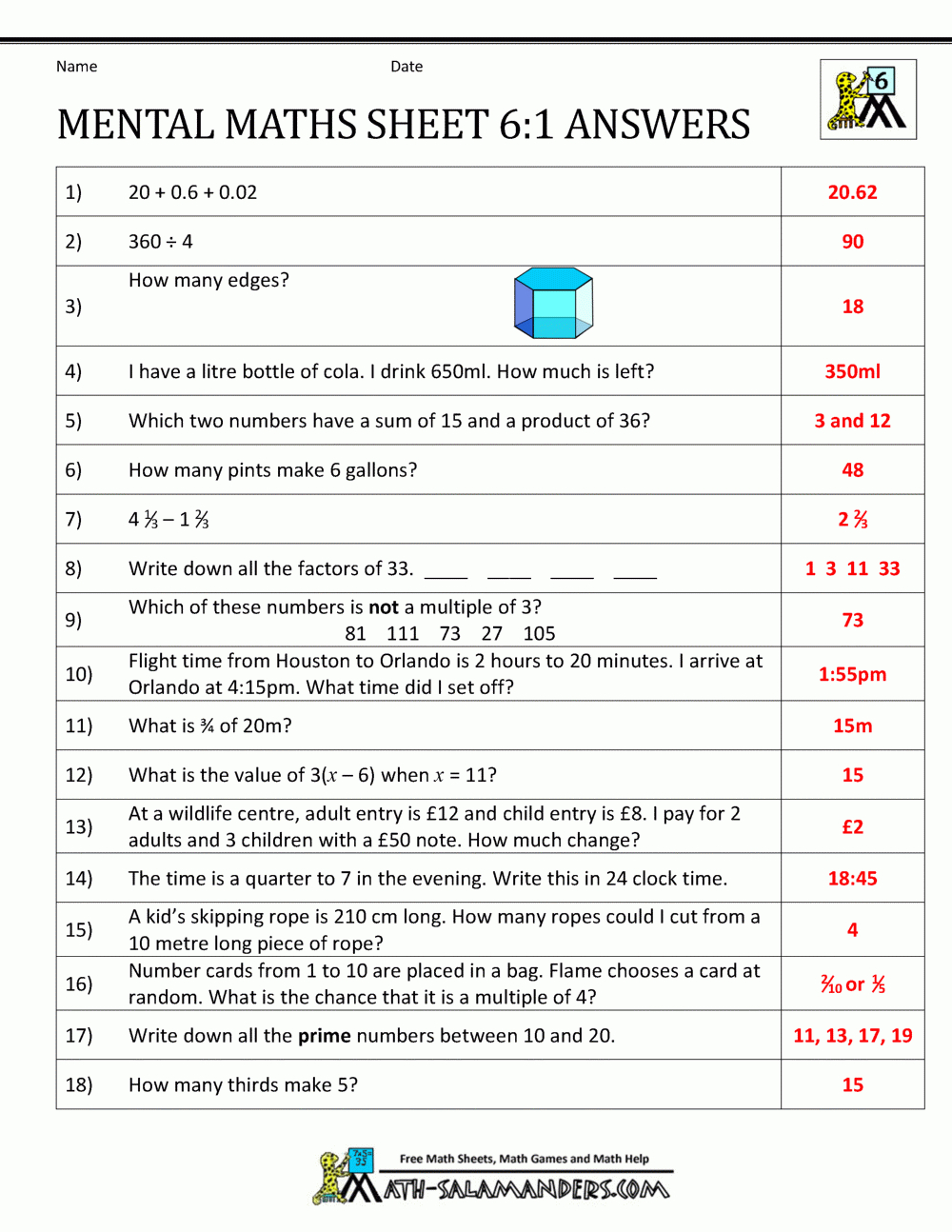 Mental Maths Tests Year 6 Worksheets - Year 6 Maths Worksheets Free Printable