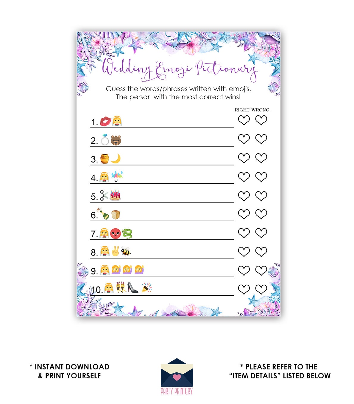 Mermaid Wedding Emoji Pictionary Game Mermaid Bridal Shower | Etsy - Wedding Emoji Pictionary Free Printable