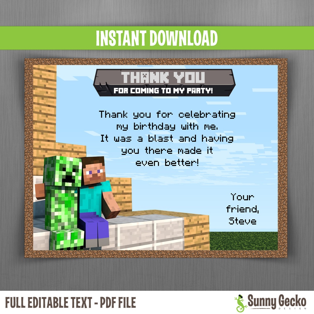 Minecraft Birthday Thank You Cards - Instant Download And Edit With - Free Printable Minecraft Thank You Notes