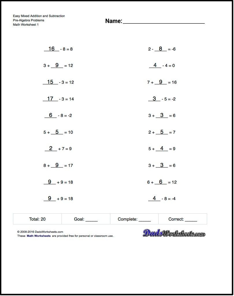 Mixed Addition Worksheet And Subtraction Worksheet Problems - Free Printable 8Th Grade Algebra Worksheets