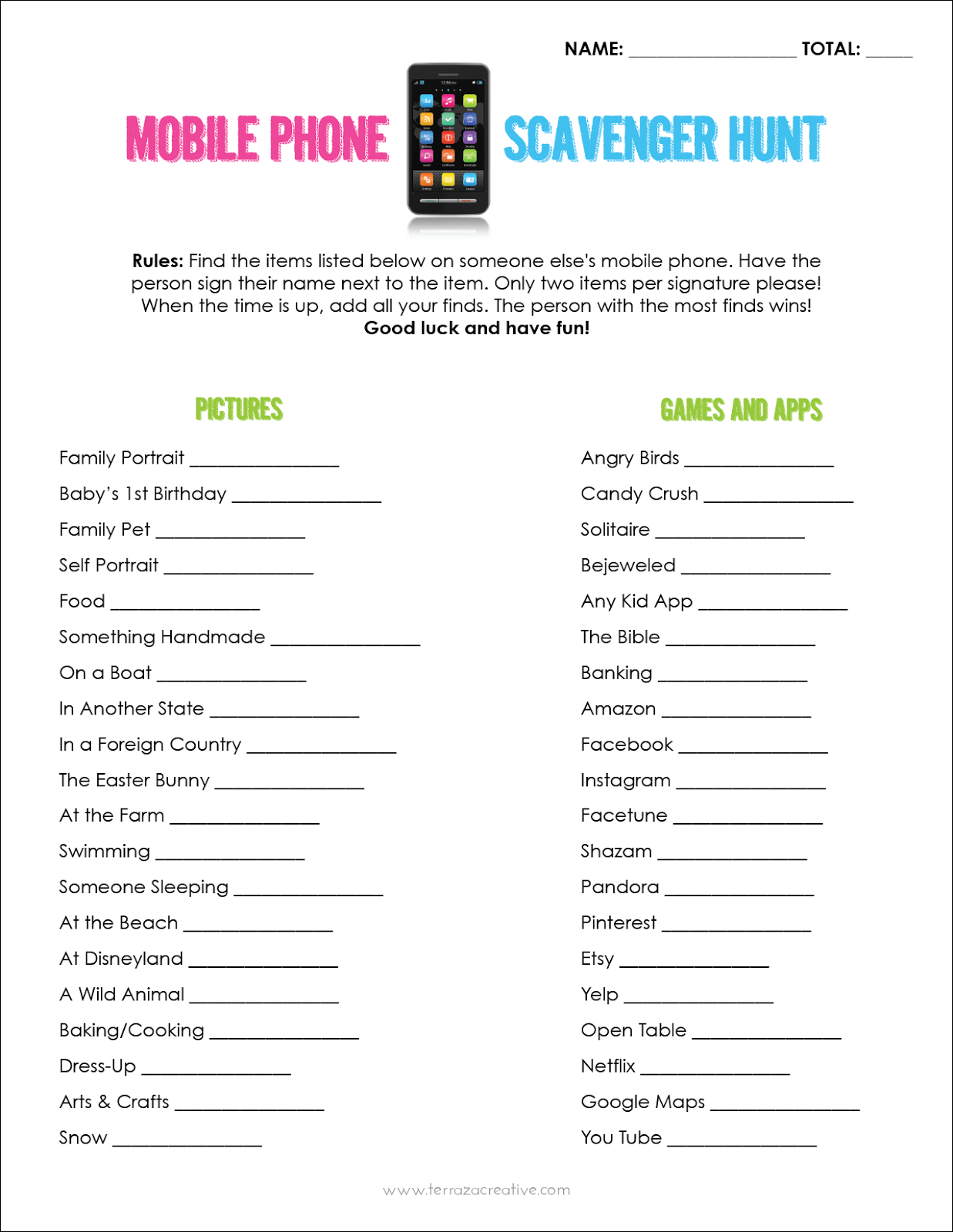 Mobile Phone Scavenger Hunt - Free Printable | A Fierce Flourishing - Over The Hill Games Free Printable