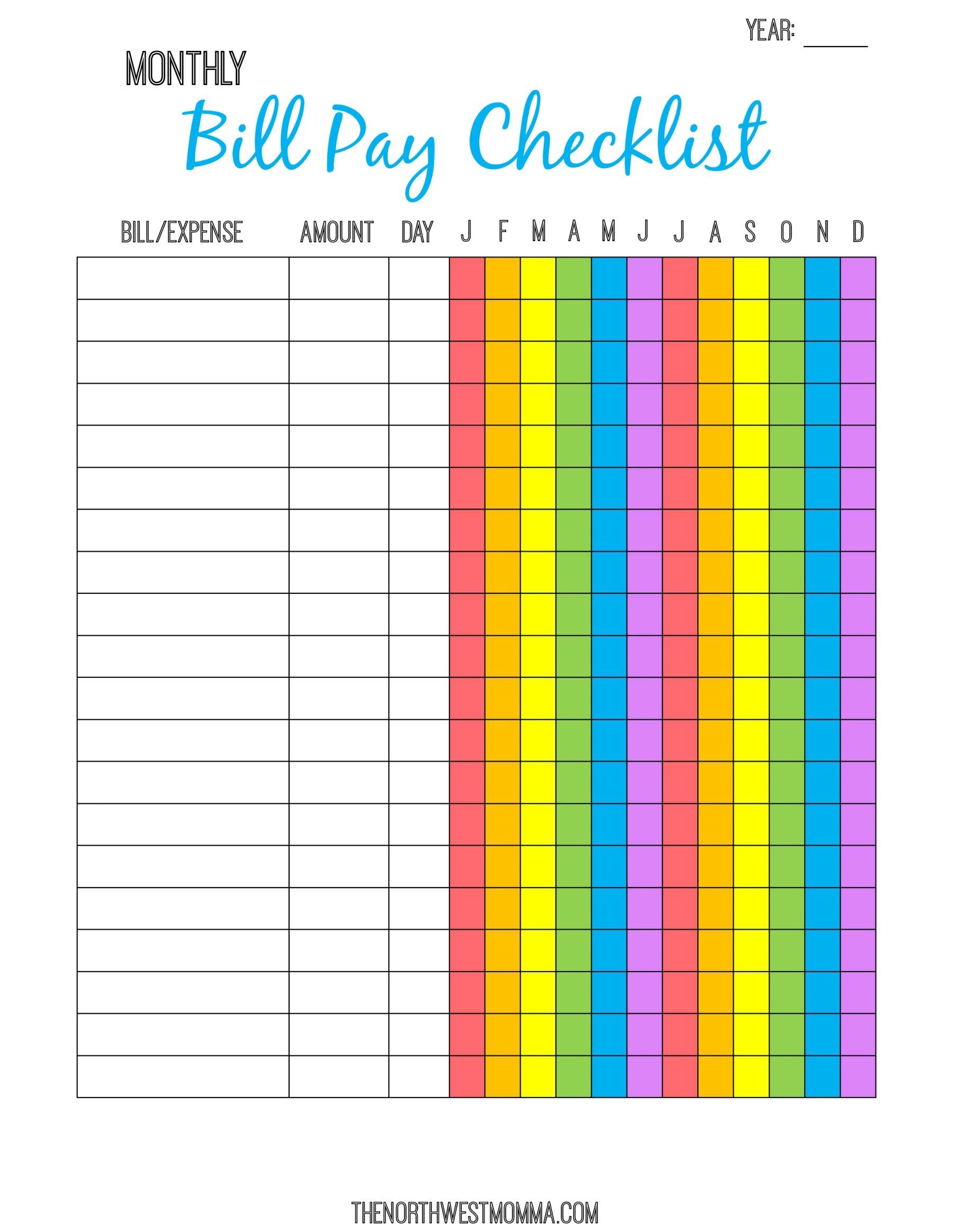 Monthly Bill Pay Checklist Free Printable $ Saving Money Free