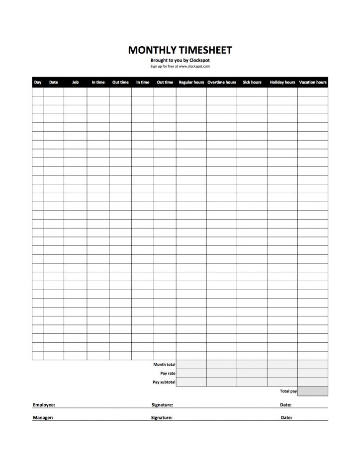 Monthly Timesheet Template Free Printable