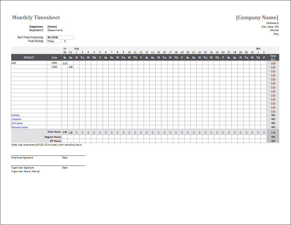 Monthly Timesheet Template For Excel And Google Sheets - Free Printable Time Tracking Sheets