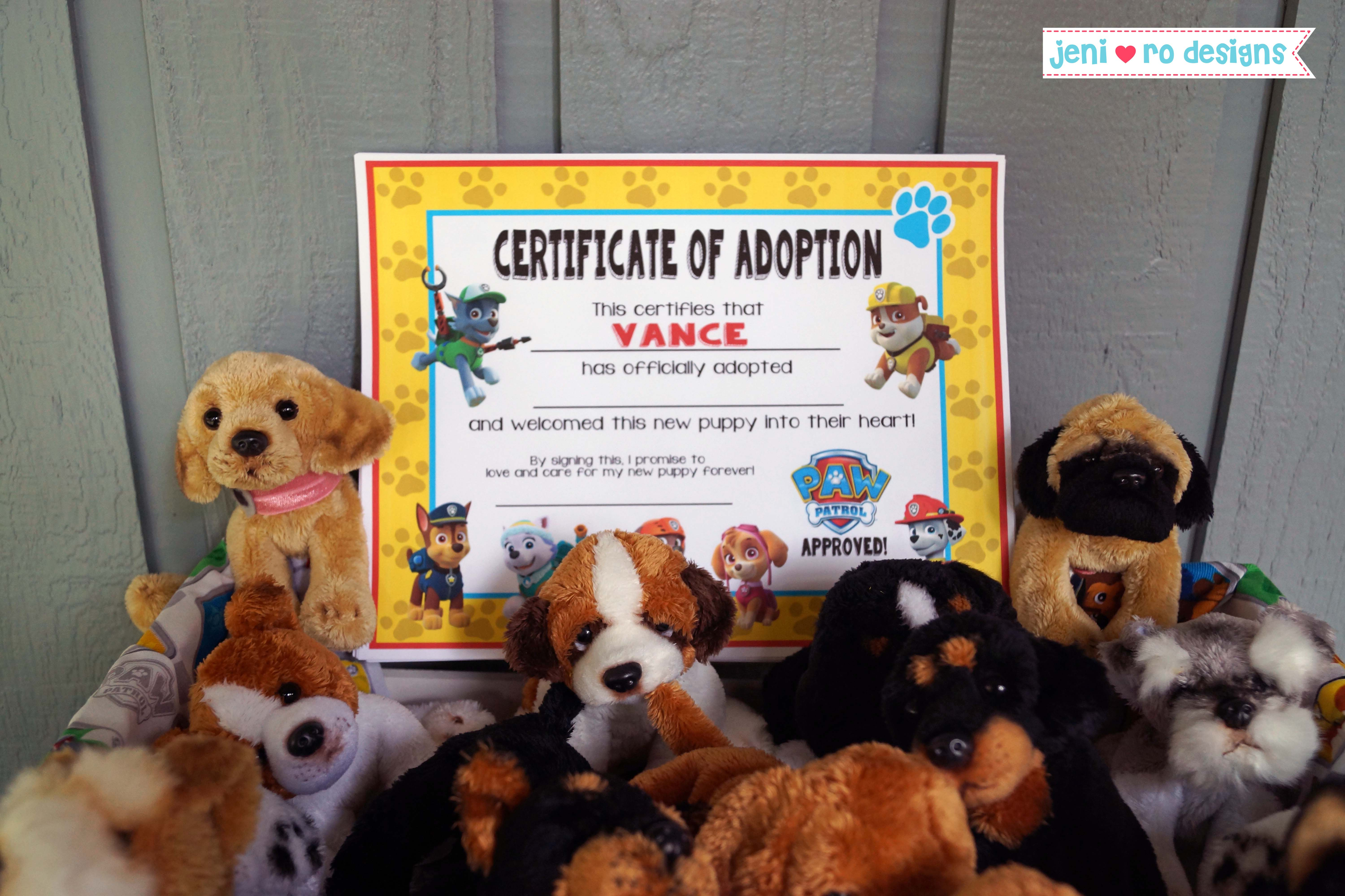 Mr. V's Paw Patrol 4Th Birthday Party - The Fun! • - Free Printable Stuffed Animal Adoption Certificate