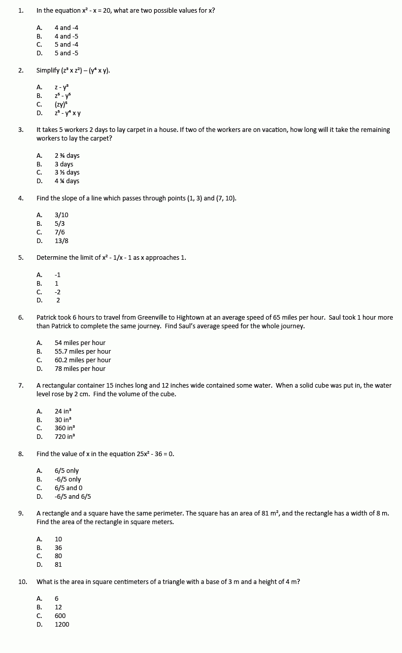 Free Printable Asvab Math Practice Test Free Printable