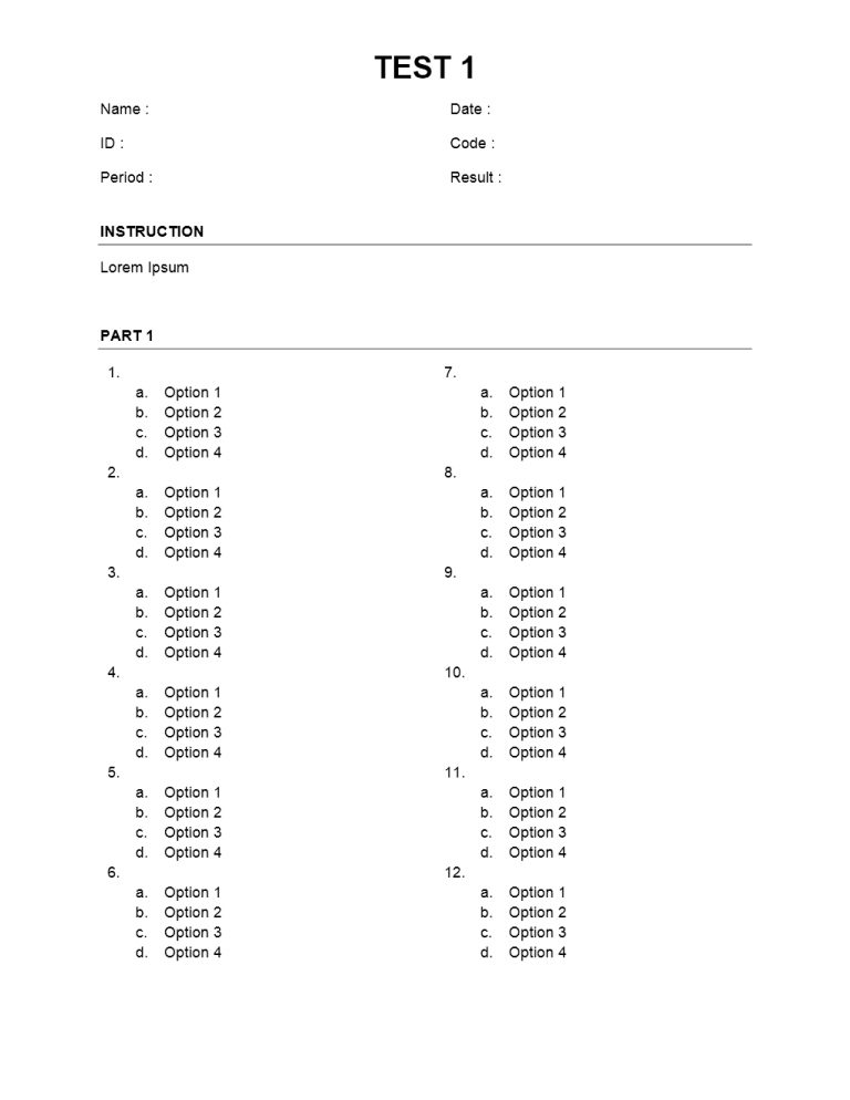 Multiple Choice Quiz Template Tutlin.psstech.co Free Printable Test