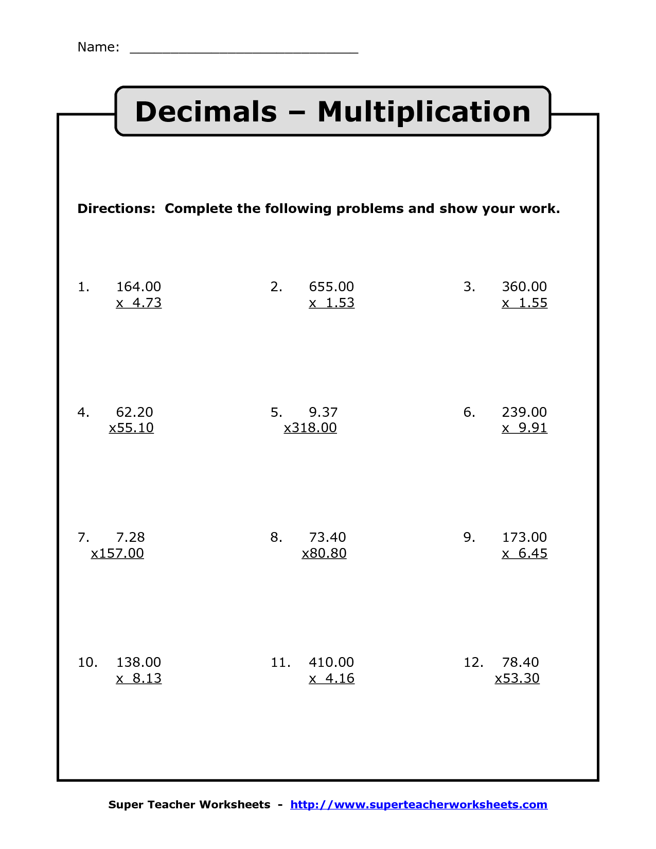Free Printable Decimal Multiplication Worksheets Printable Templates