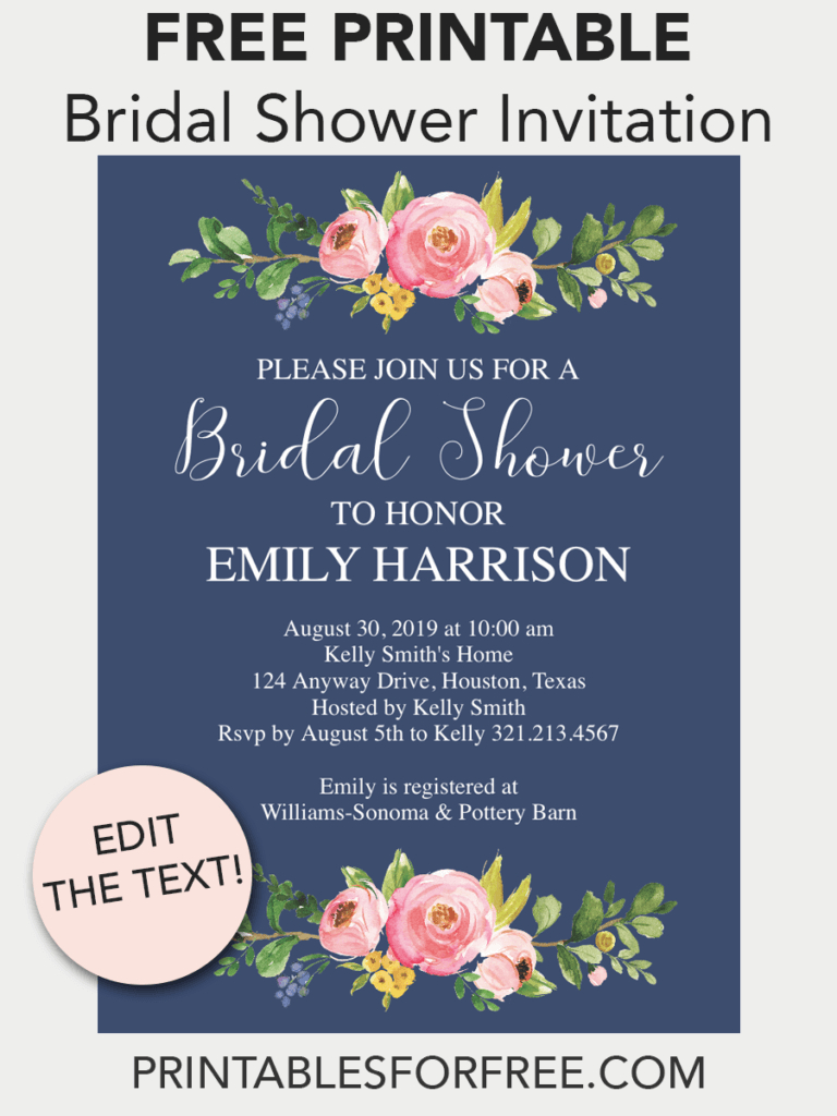 Navy Floral Printable Bridal Shower Invitation | Free Printable - Free Printable Bridal Shower Invitations