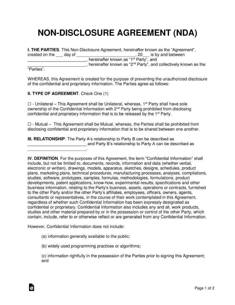 Non-Disclosure (Nda) Agreement Templates | Eforms – Free Fillable Forms - Free Printable Non Disclosure Agreement Form