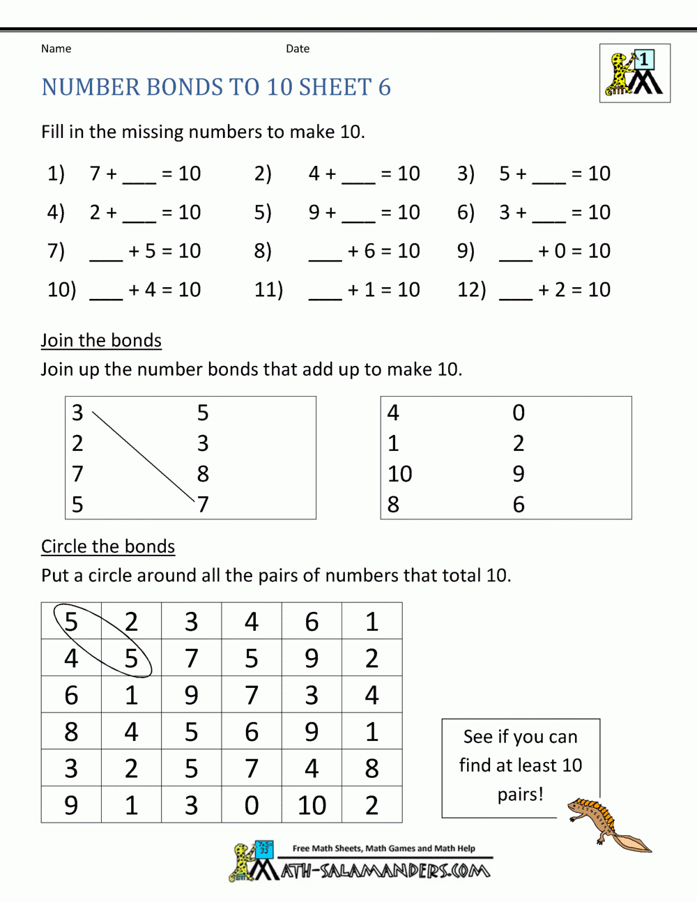 Number Bonds To 10 Worksheets - Free Printable Number Bonds Worksheets For Kindergarten