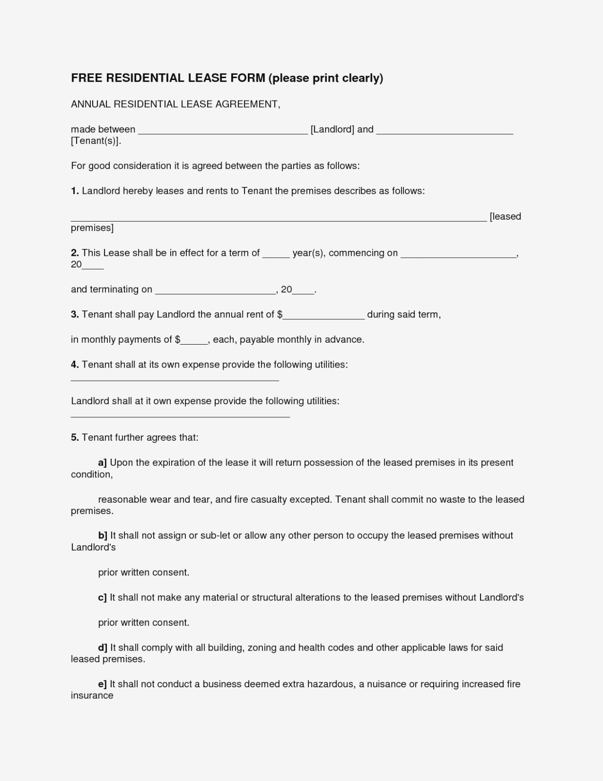 Others Free Printable Lease And Rental Agreement Template With Blank - Blank Lease Agreement Free Printable