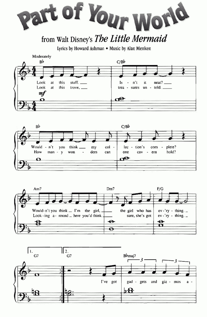Part Of Your World The Little Mermaid Piano Sheet Music – Guitar - Free Printable Piano Sheet Music For Popular Songs