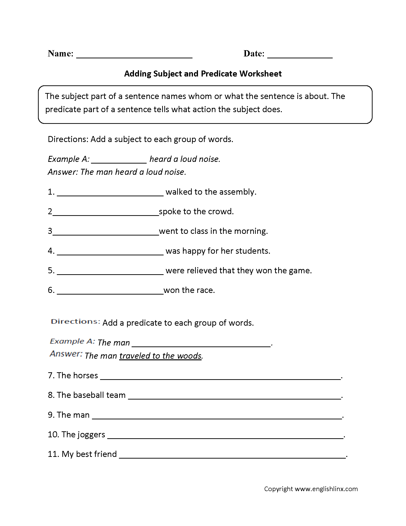 Parts Of A Sentence Worksheets | Englishlinx Board | Subject - Free Printable Subject Predicate Worksheets 2Nd Grade