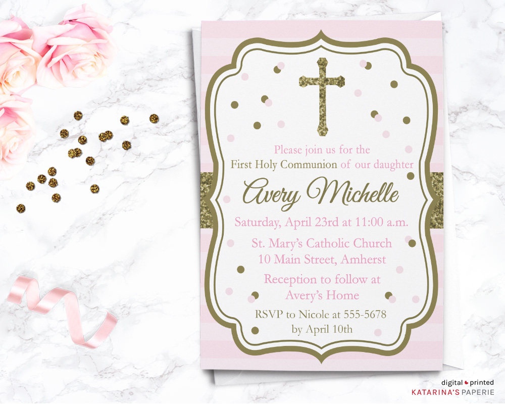 Pink And Gold First Communion Invitation First Holy | Etsy - First Holy Communion Cards Printable Free