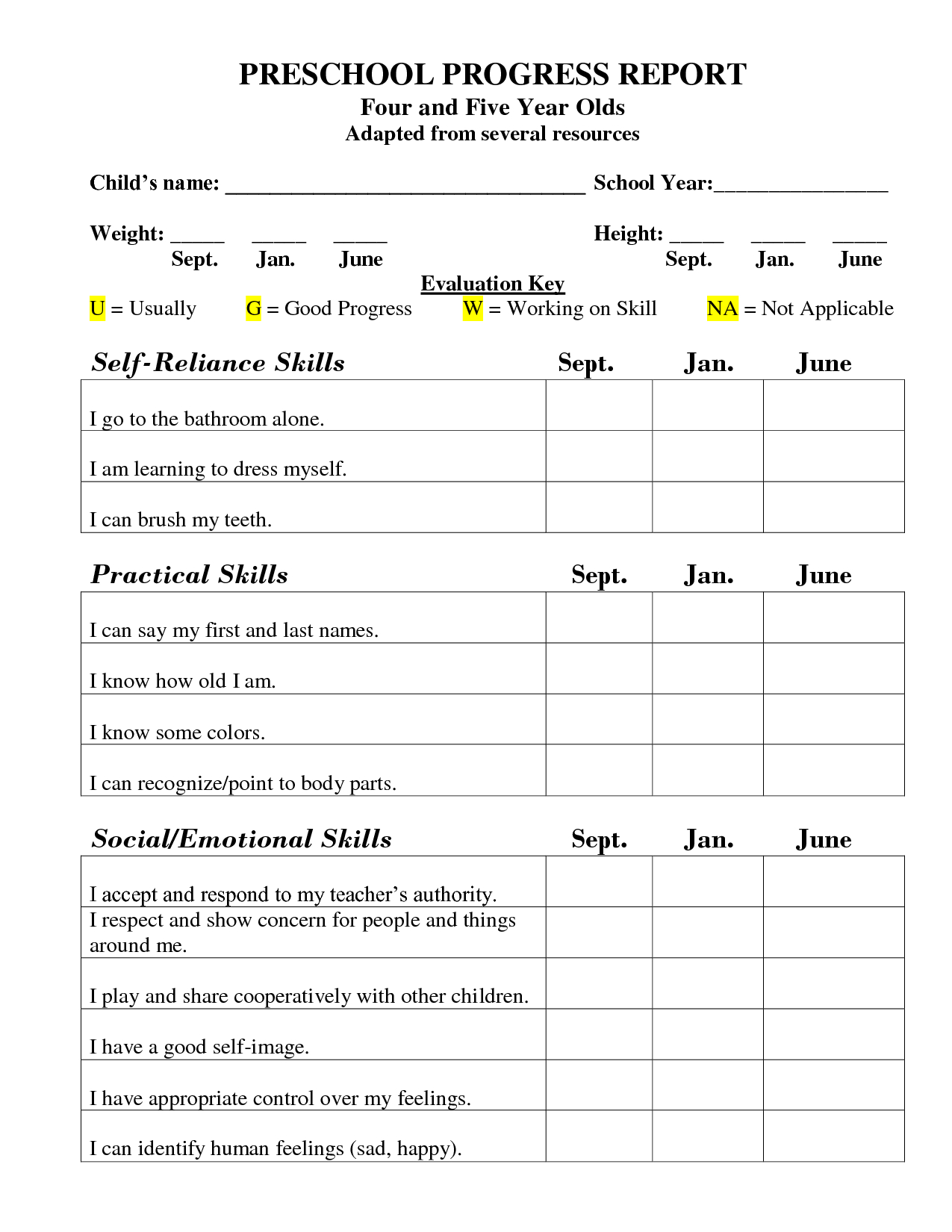 Preschool Progress Report Template | Childcare | Preschool Daily - Free Printable Preschool Report Cards