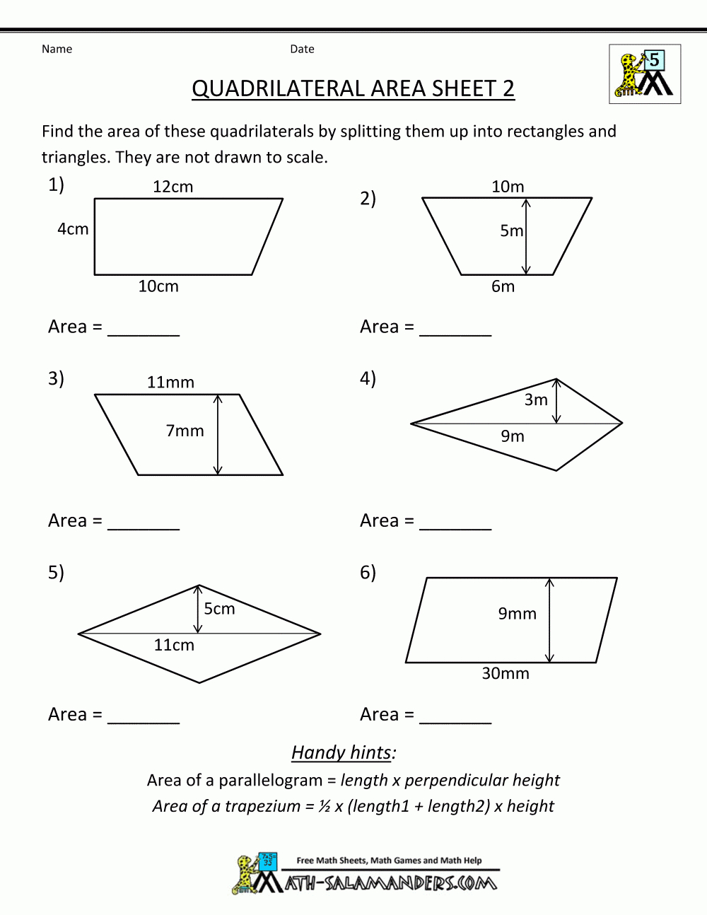 Printable Geometry Worksheets Quadrilateral Area 2 | 5Th Grade Math - Free Printable Geometry Worksheets For Middle School