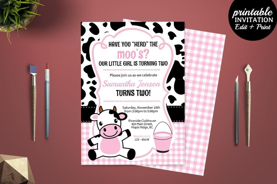 Printable Girl Birthday Party Invitation Template. Cow Birthday - Free Printable Cow Birthday Invitations