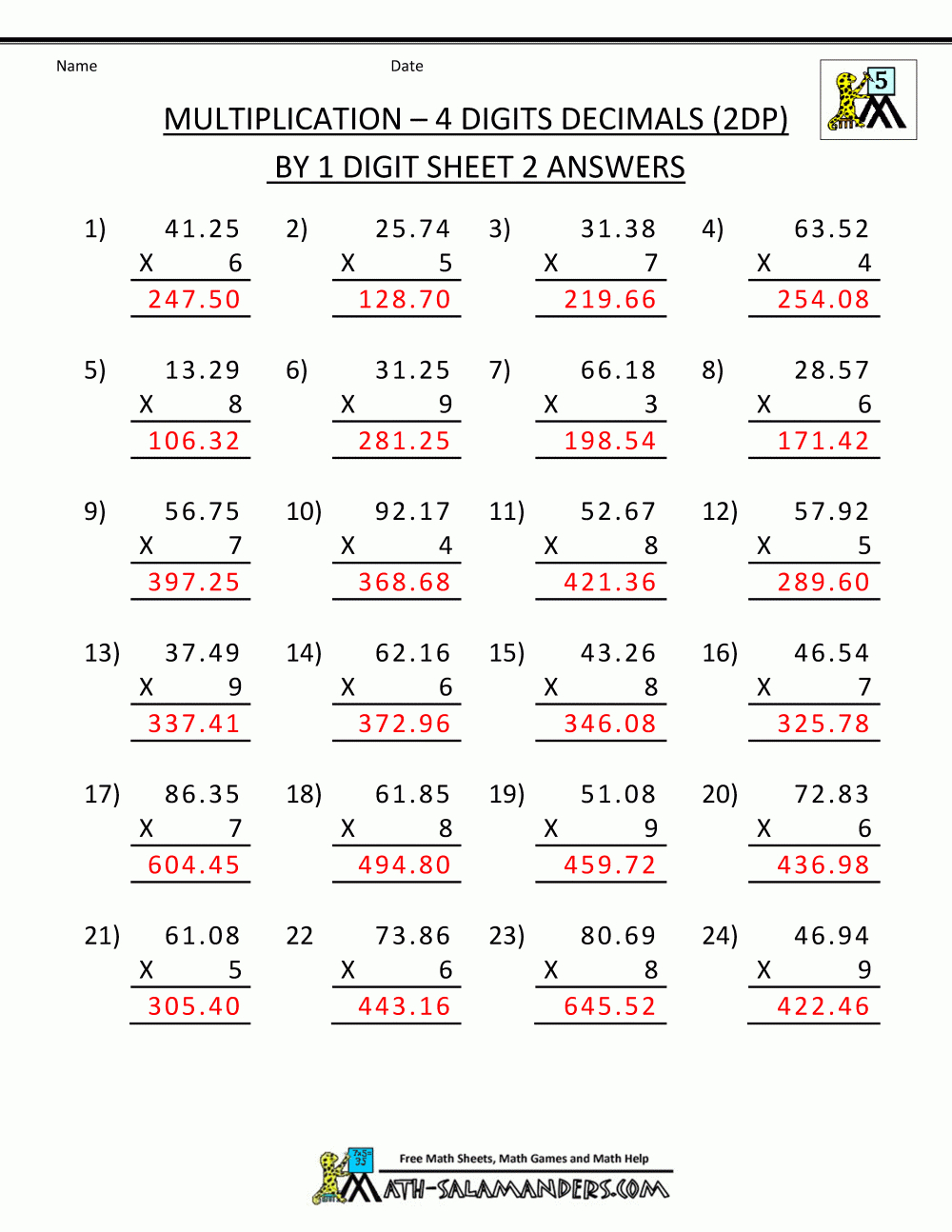 Fifth grade Decimals multiplication worksheet decimal multiplication worksheet For grade 5 