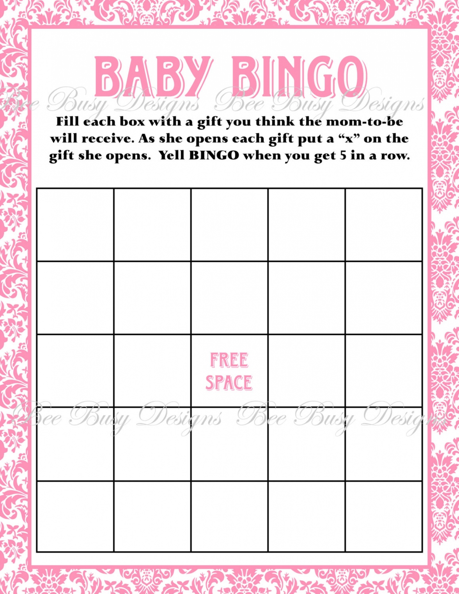 Printable Pink Damask Baby Shower Bingo Game Instant Download | Bee - Baby Bingo Game Free Printable