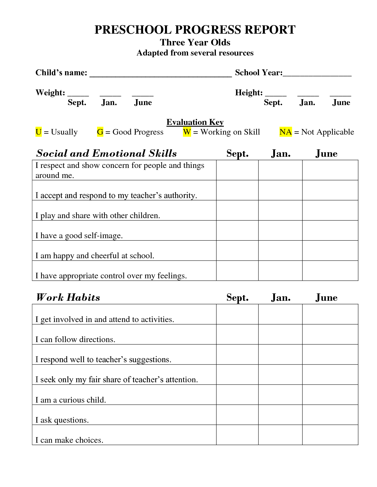 Printable Preschool Progress Report Cards