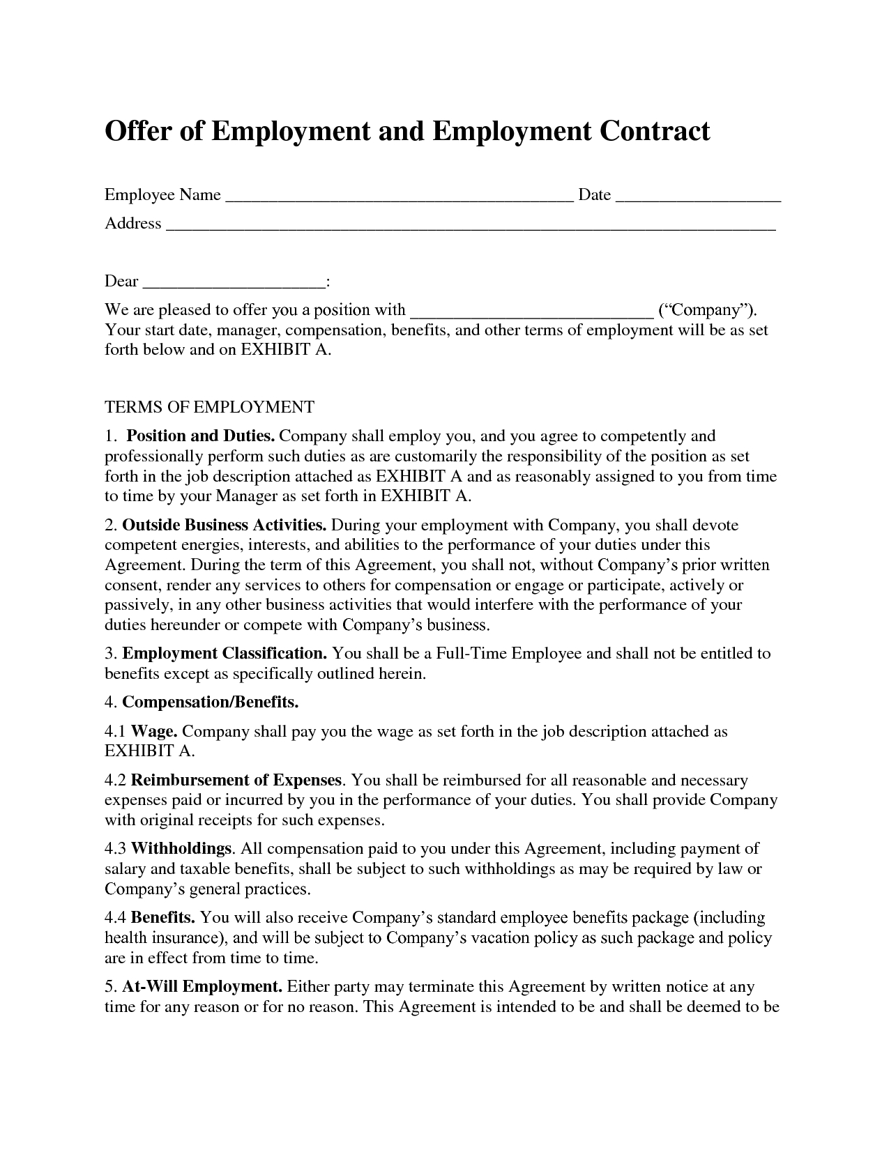 Printable Sample Employment Contract Sample Form | Online Attorney - Free Printable Employment Contracts