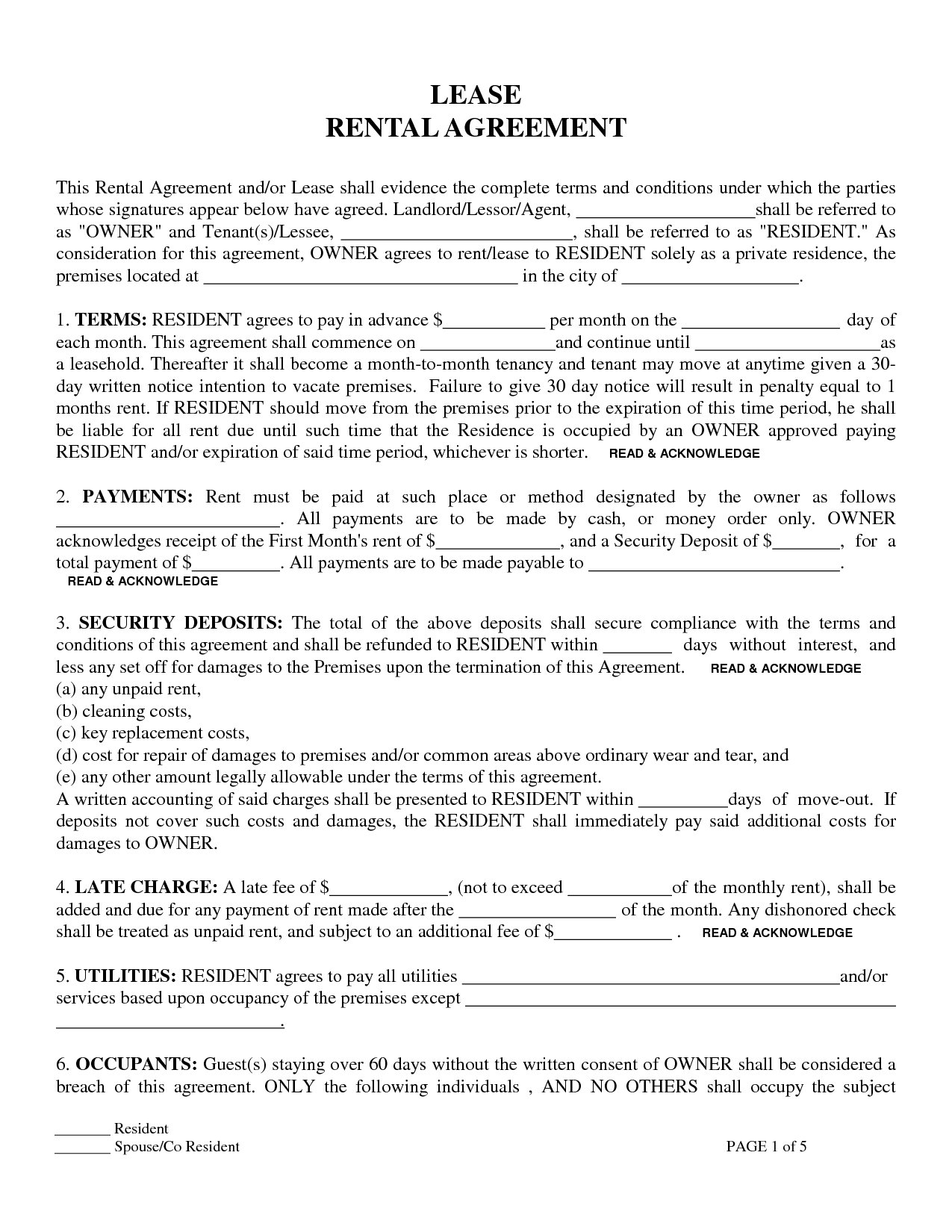 Printable Sample Residential Lease Form | Laywers Template Forms - Free Printable Lease Agreement Forms