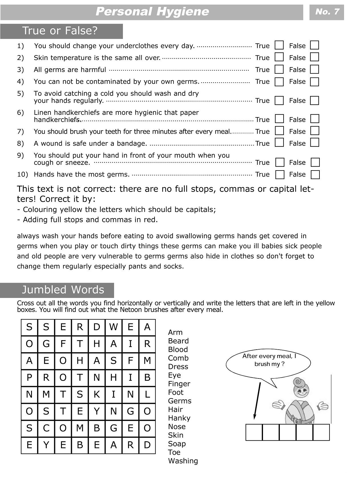 Printable Worksheets For Personal Hygiene | Personal Hygiene - Free Printable Personal Hygiene Worksheets