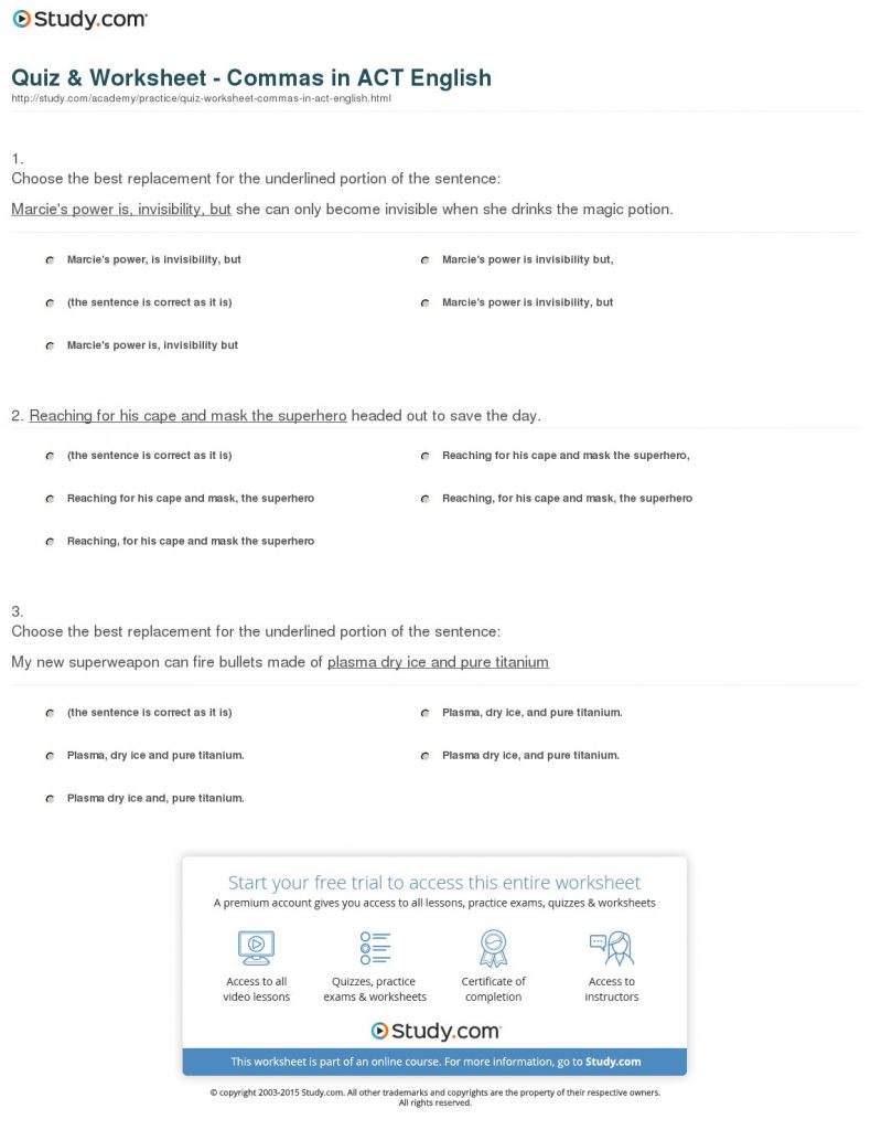 Quiz Worksheet Commas In Act English Study Free Printable Act Practice Worksheets Free