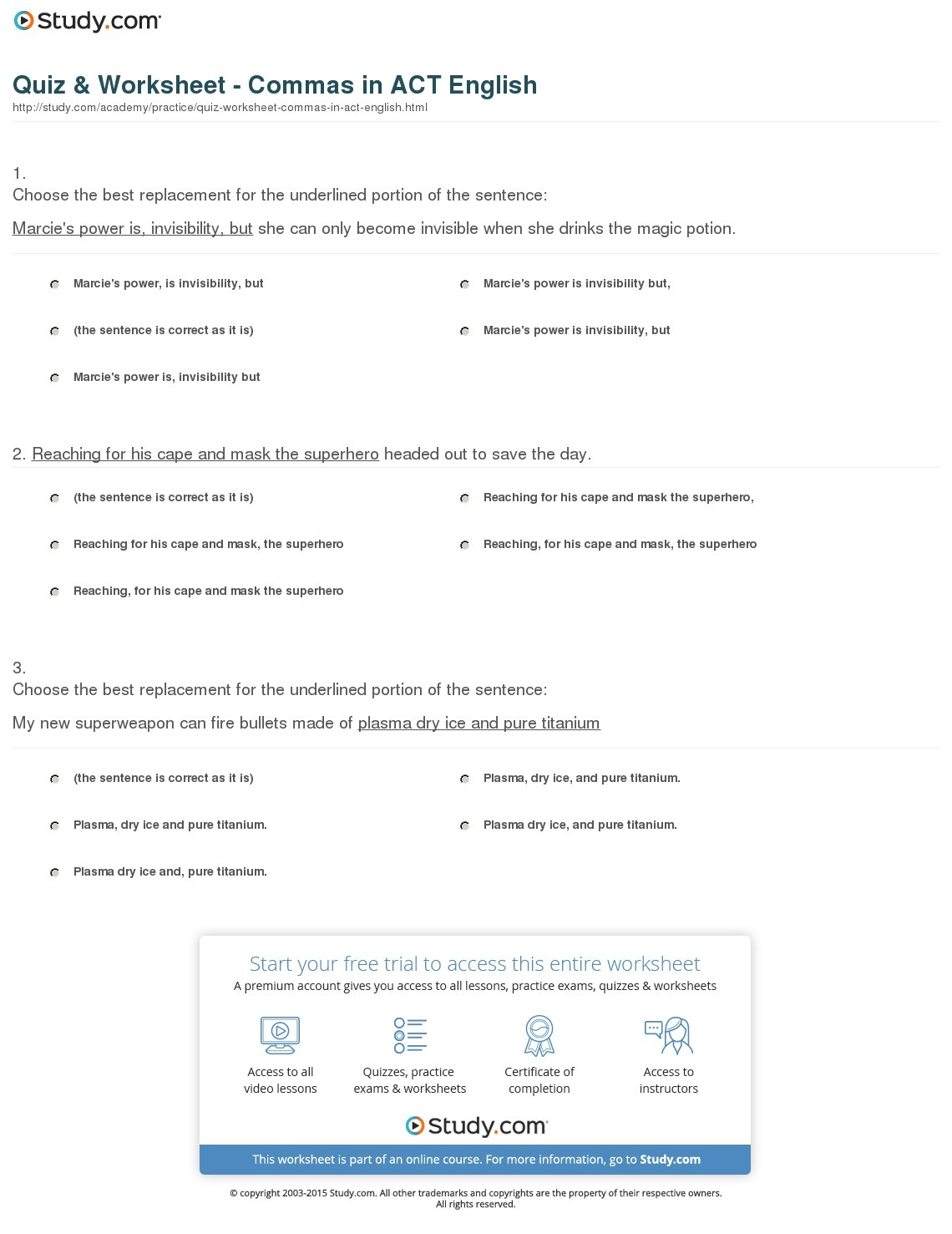 Quiz &amp;amp; Worksheet - Commas In Act English | Study - Free Printable Act Practice Worksheets