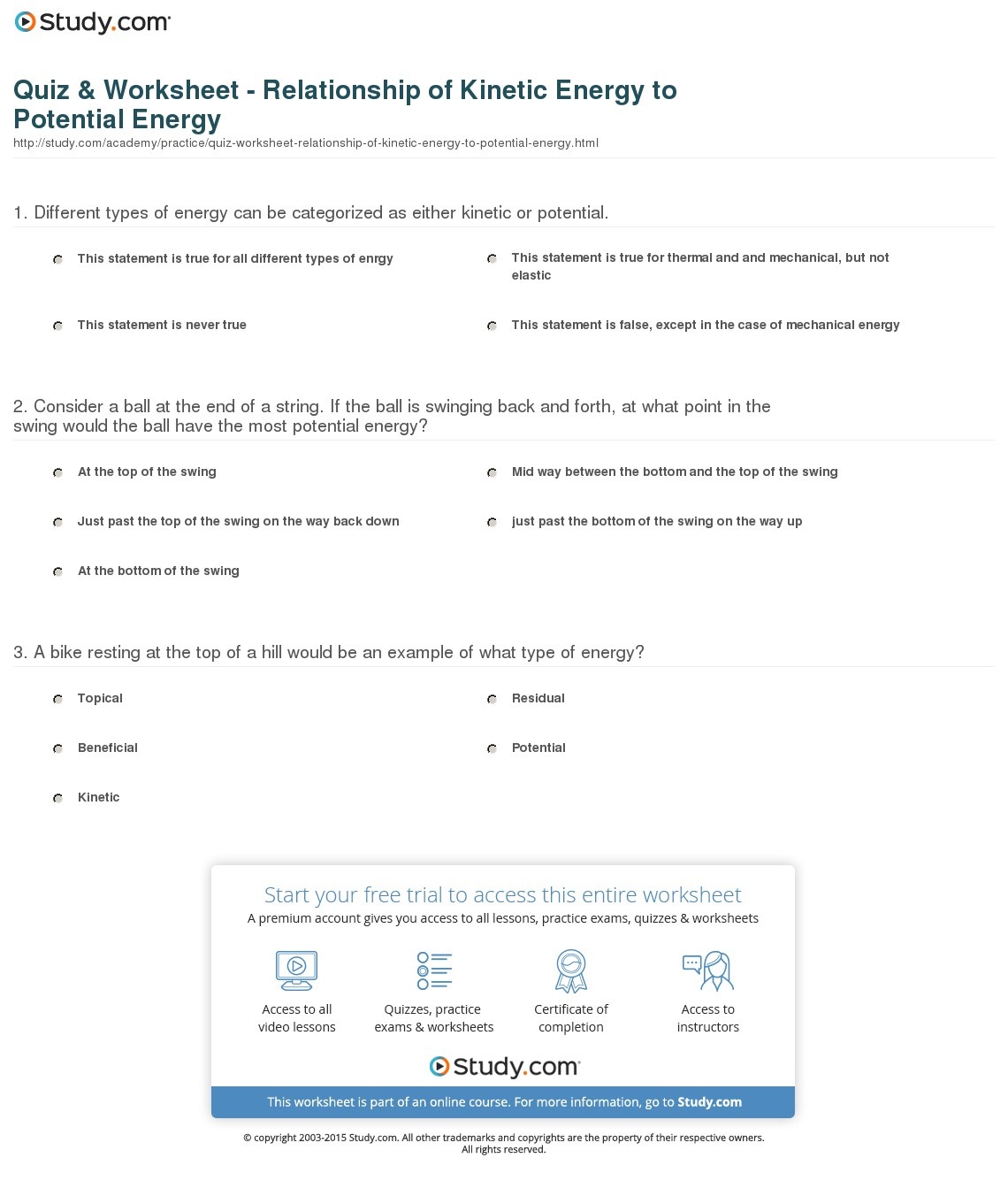 Quiz &amp;amp; Worksheet - Relationship Of Kinetic Energy To Potential - Free Printable Worksheets On Potential And Kinetic Energy