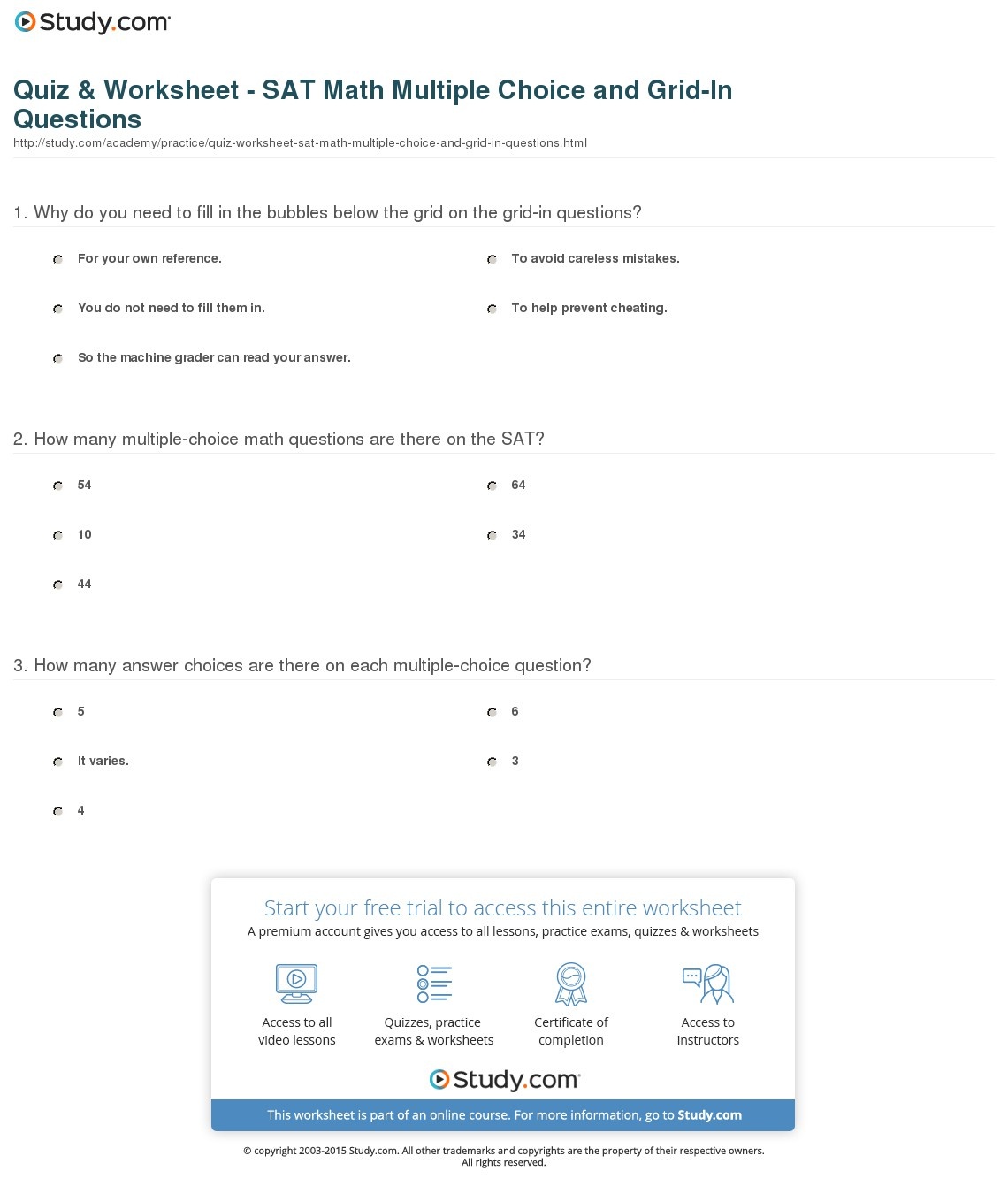 Quiz &amp;amp; Worksheet - Sat Math Multiple Choice Questions | Study - Free Printable Asvab Math Practice Test