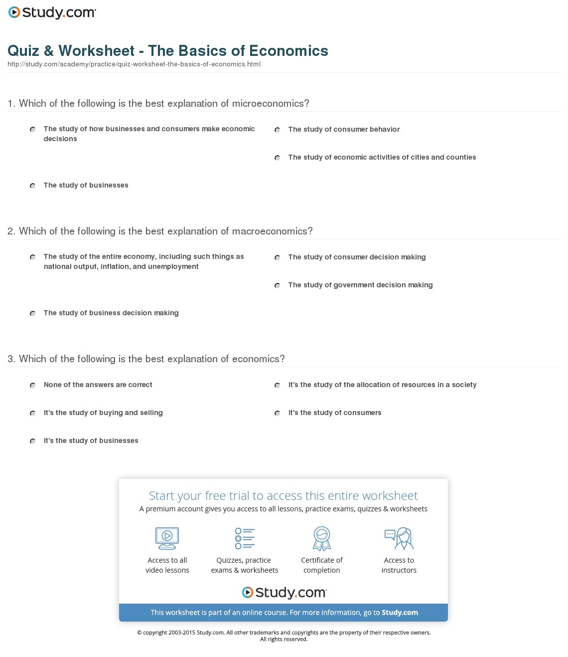 Quiz &amp;amp; Worksheet - The Basics Of Economics | Study - Free Printable Economics Worksheets