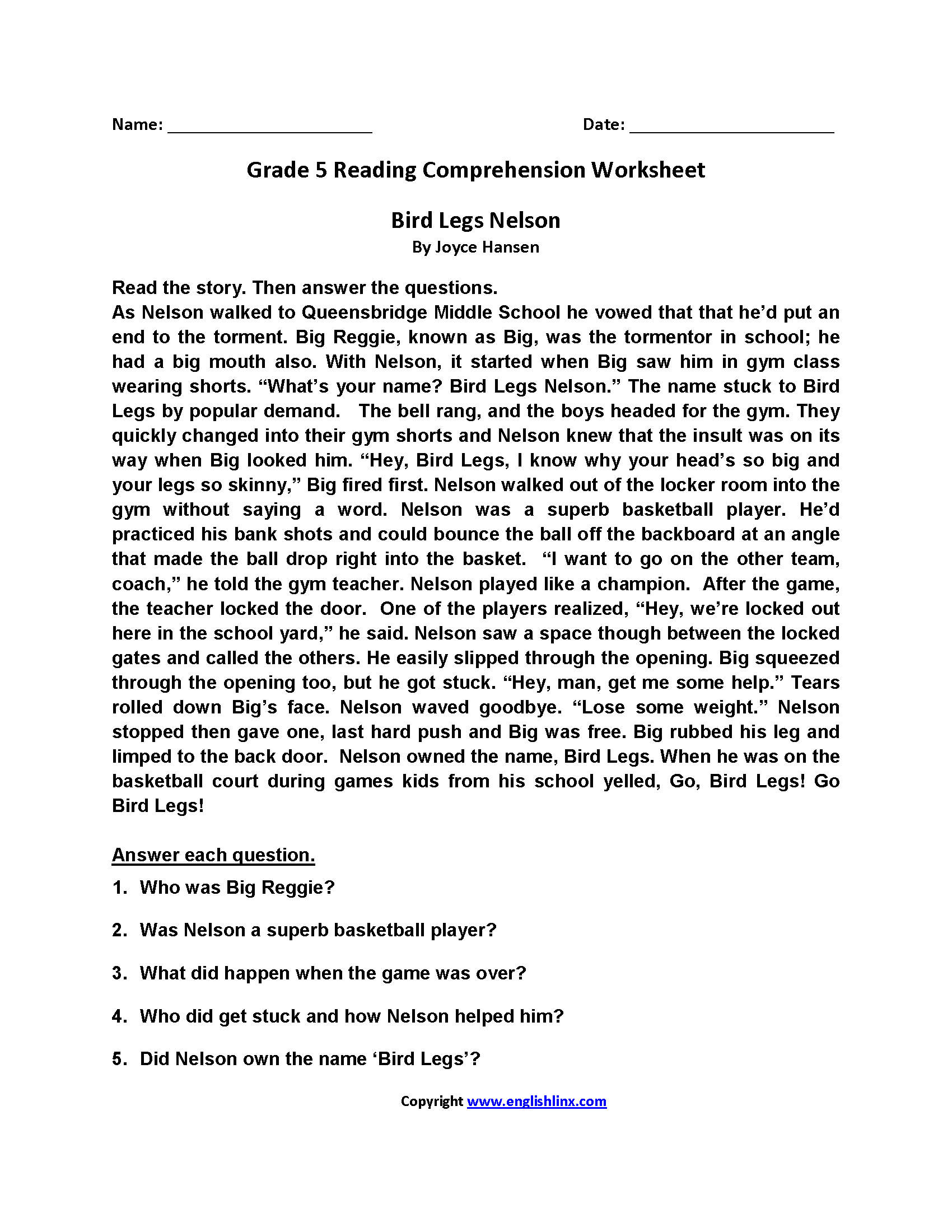 Reading Worksheets | Fifth Grade Reading Worksheets - Free Printable Reading Comprehension Worksheets Grade 5