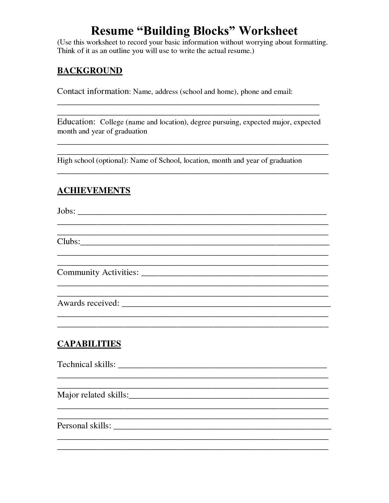Resume Worksheet Printable And High School Builder Free Bulder Build - Free Printable High School Worksheets