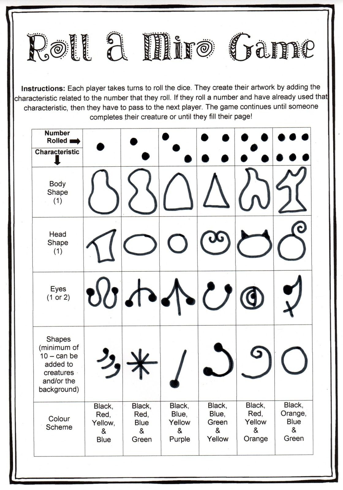 Roll-A-Miro Art Game - I Don&amp;#039;t Claim Any Ownership To This Idea At - Roll A Monster Free Printable