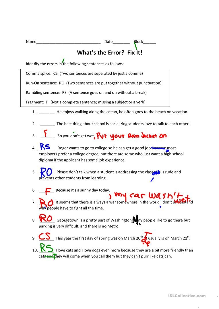 Run-On Sentences, Comma Splices, Rambling Sentences, And Fragments - Free Printable Sentence Correction Worksheets