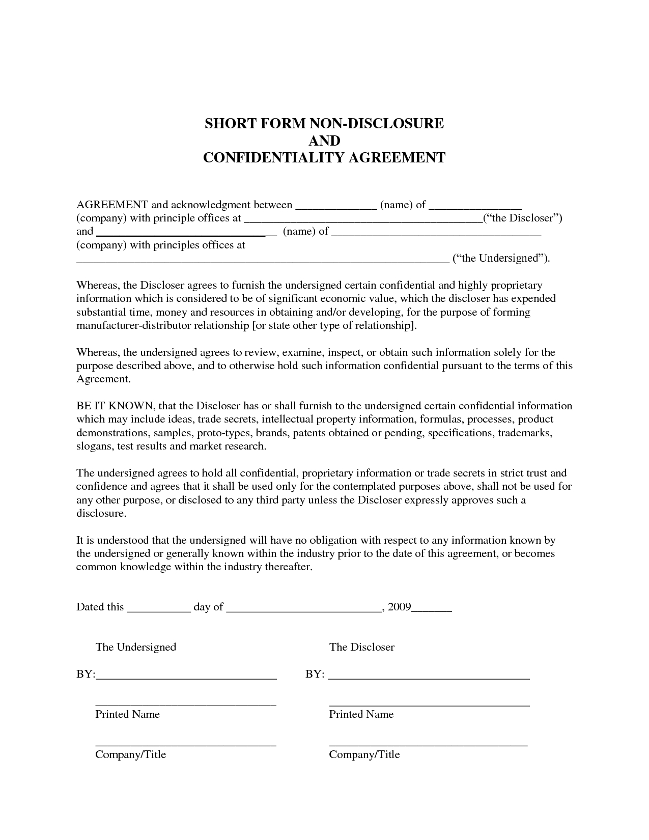 Free Printable Non Disclosure Agreement Form Printable Forms Free Online