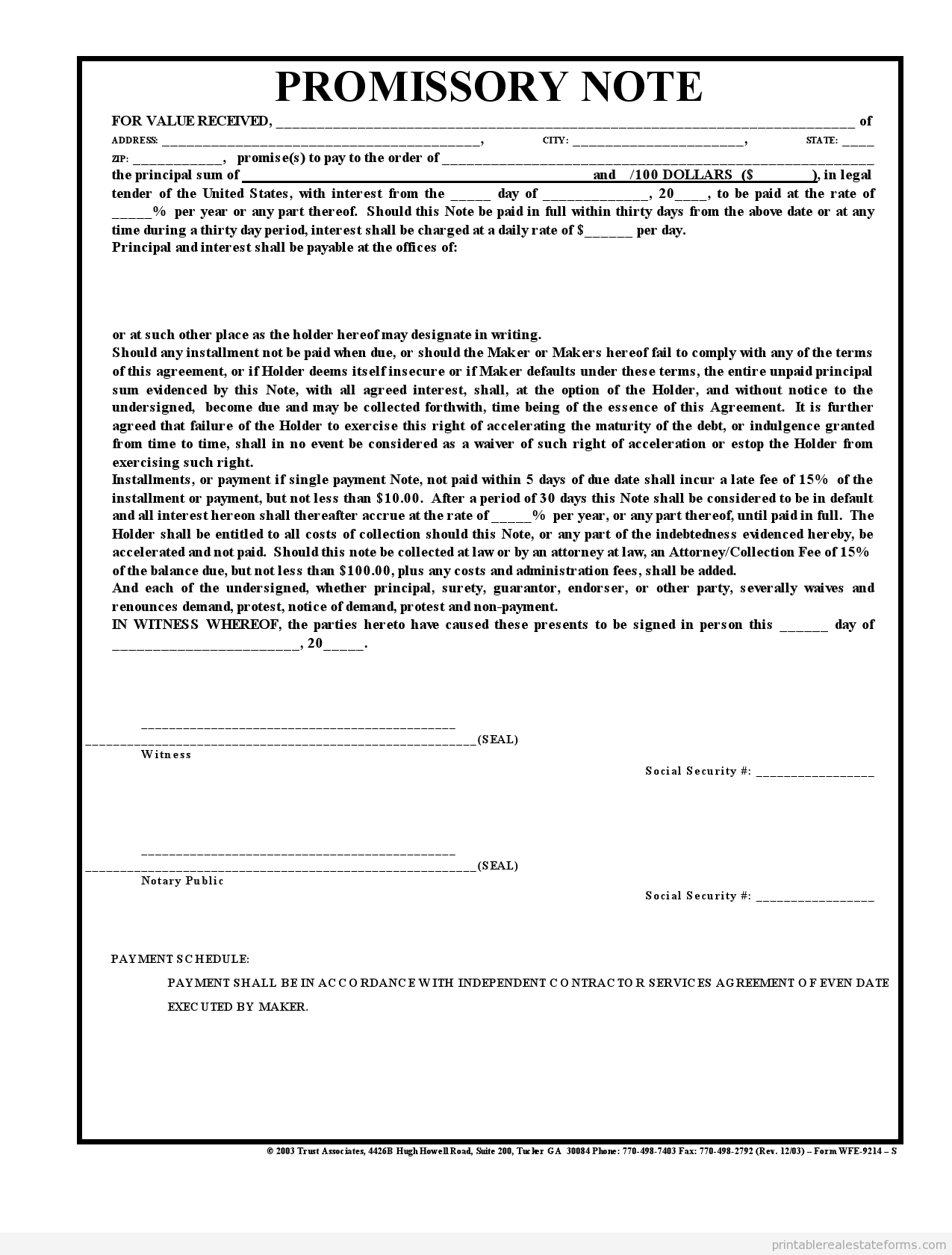 Printable Promissory Note Agreement