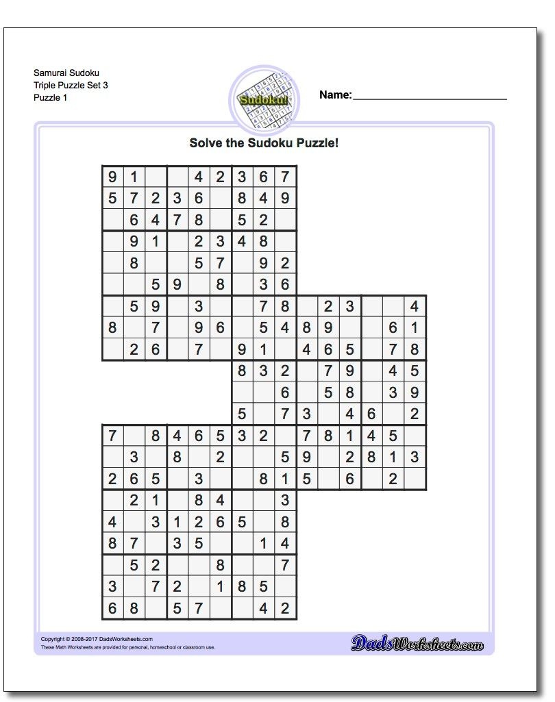 Samurai Sudoku Triples | Math Worksheets | Sudoku Puzzles, Puzzle - Free Printable Samurai Sudoku