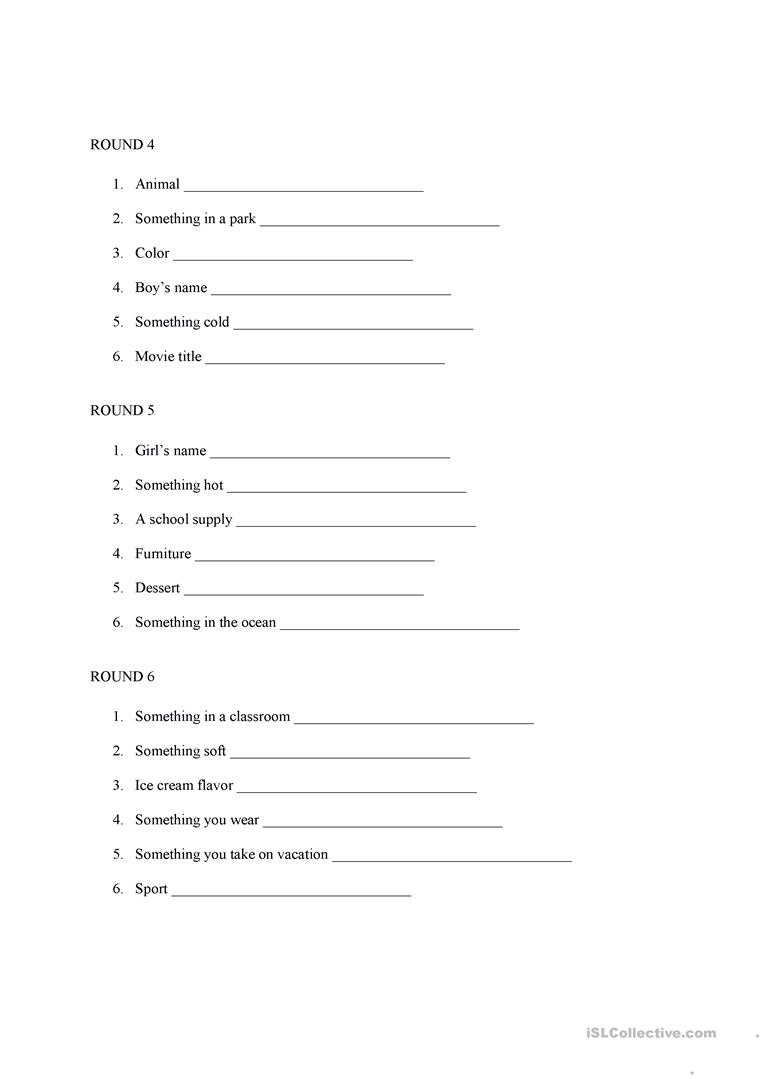 Scattergories Game Worksheet - Free Esl Printable Worksheets Made - Scattergories Free Printable Sheets