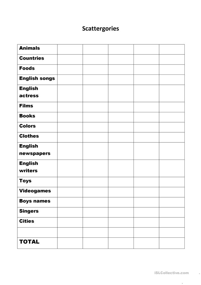 Scattergories Worksheet - Free Esl Printable Worksheets Madeteachers - Scattergories Free Printable Sheets