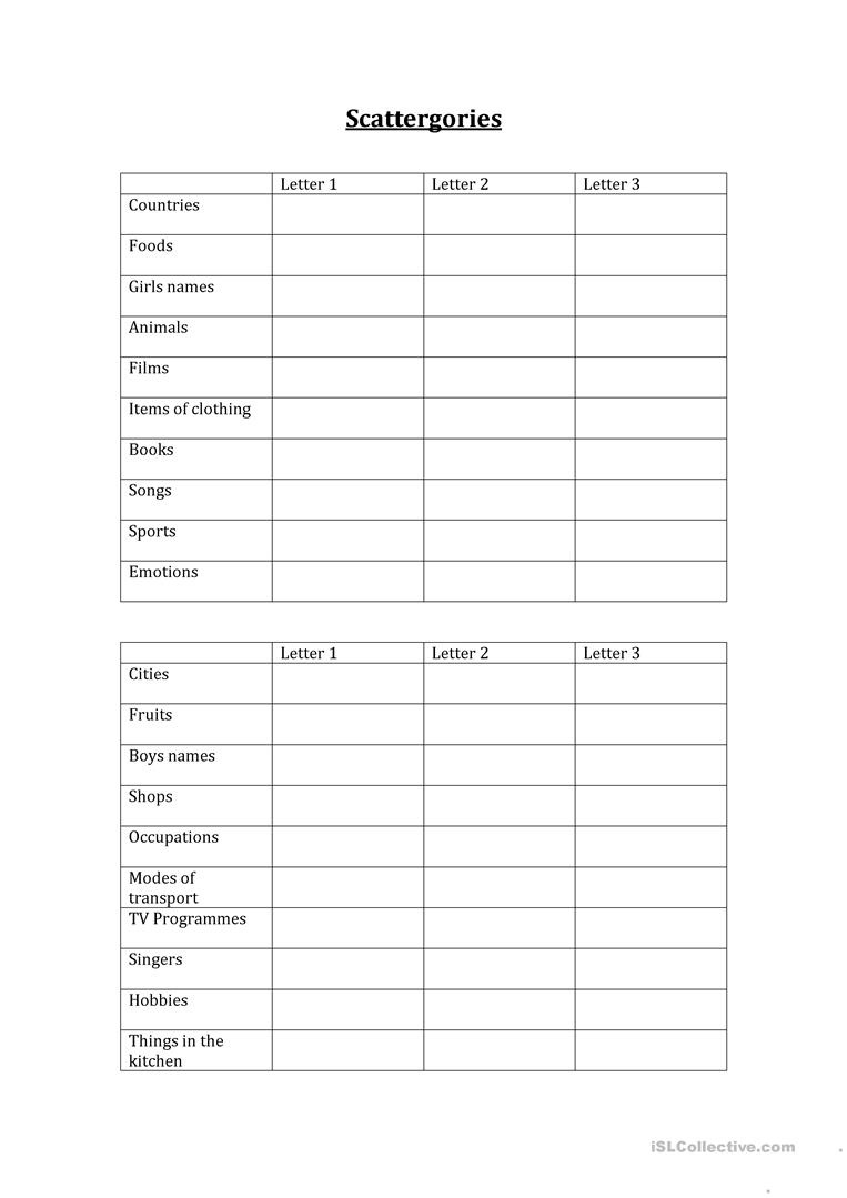 Scattergories Worksheet - Free Esl Printable Worksheets Madeteachers - Scattergories Free Printable Sheets