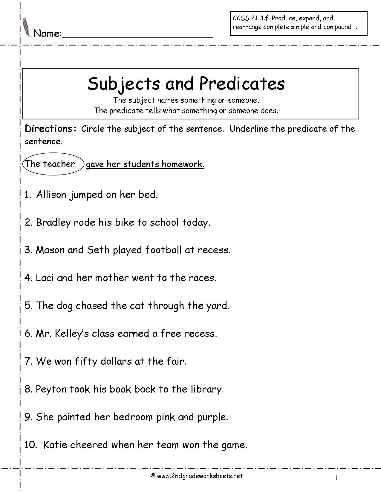 Second Grade Sentences Worksheets, Ccss 2.l.1.f Worksheets. - Free Printable Subject Predicate Worksheets 2Nd Grade